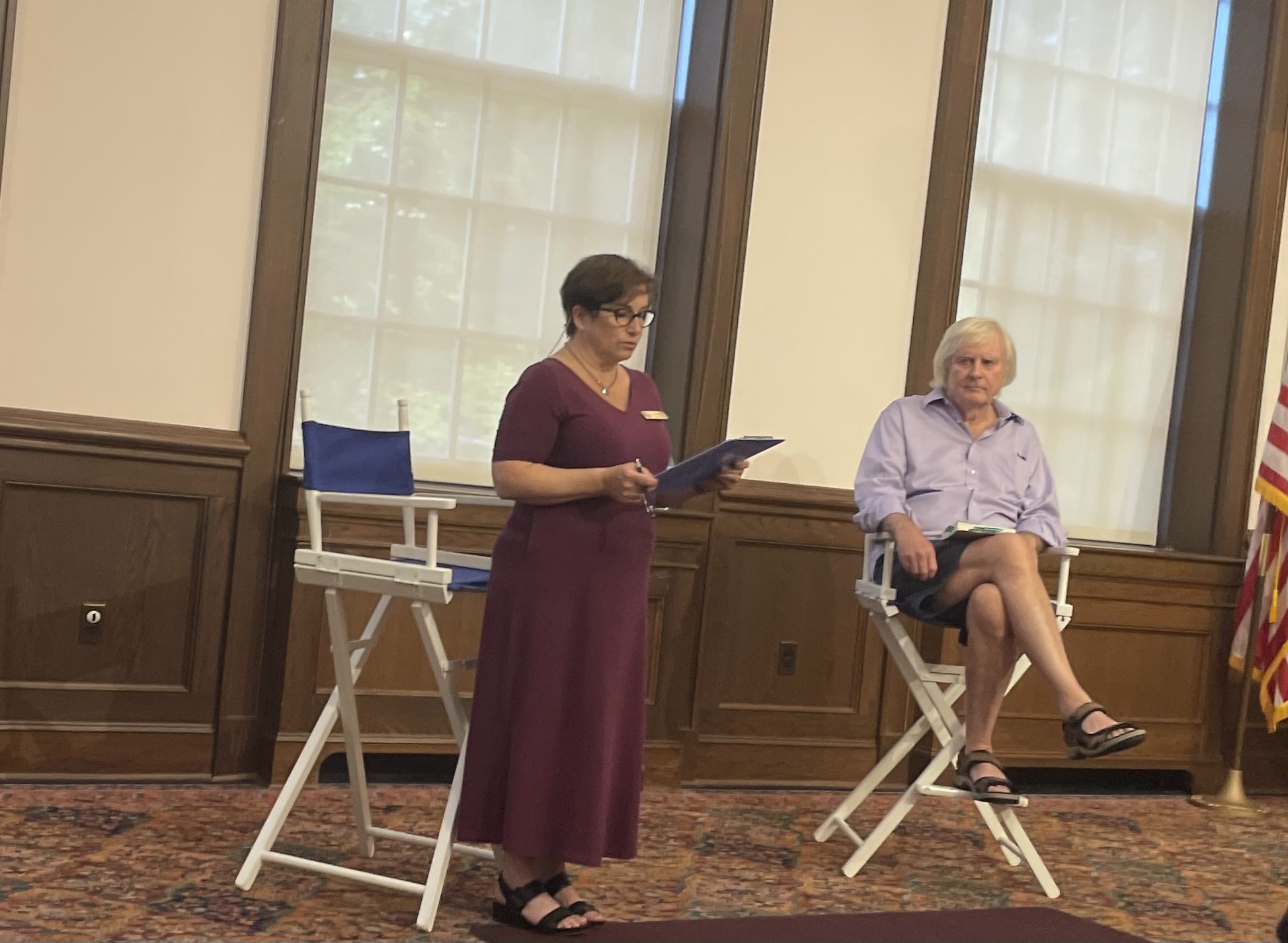 (PHOTO: Catherine Riedel interviewed Rye native Tom Casey at the Rye Free Reading Room on Thursday.)