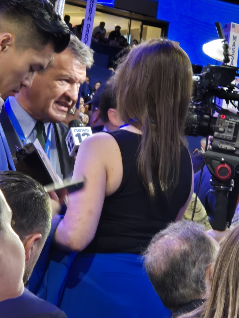 (PHOTO: Westchester County Executive and Democratic Congressional candidate for NY-16 George Latimer (right) being interviews by Tara Rosenblum of News 12 on the floor of the Democratic National Convention in Chicago the week of August 19, 2024. Contributed.)