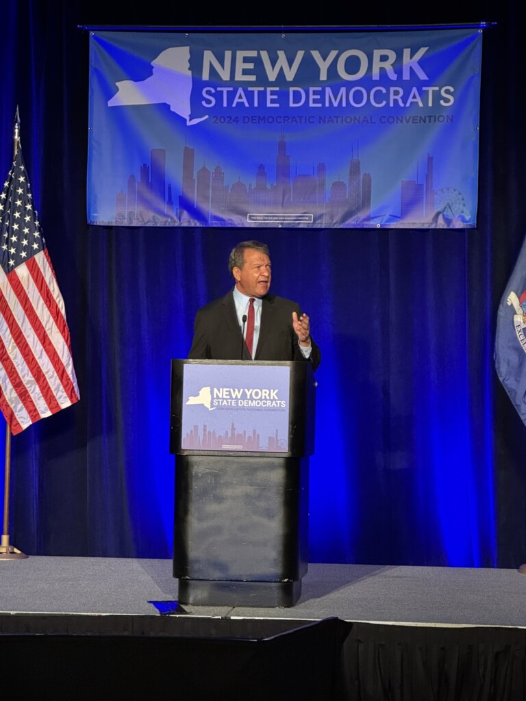 (PHOTO: Westchester County Executive and Democratic Congressional candidate for NY-16 George Latimer speaking a the New York State Democrats breakfast during the Democratic National Convention in Chicago on Thursday, August 22, 2024. Contributed.)