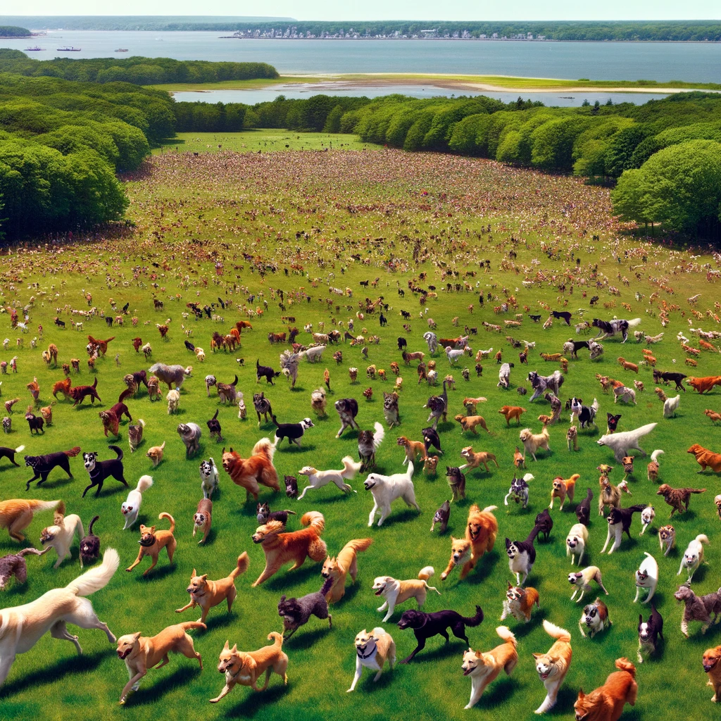 (PHOTO: DALLE AI image of 1,000+ dogs living free. Source: MyRye.com.)