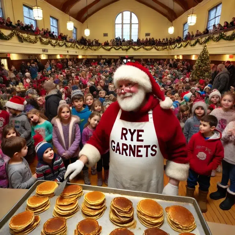 (PHOTO: Hotter than a Taylor Swift concert ticket, Rye Recreation's pancakes with Santa program on December 14th will go like hotcakes as soon as Rye resident registration for the Rec's fall programs open at 10:00am. Source: MyRye.com via DALLE.)