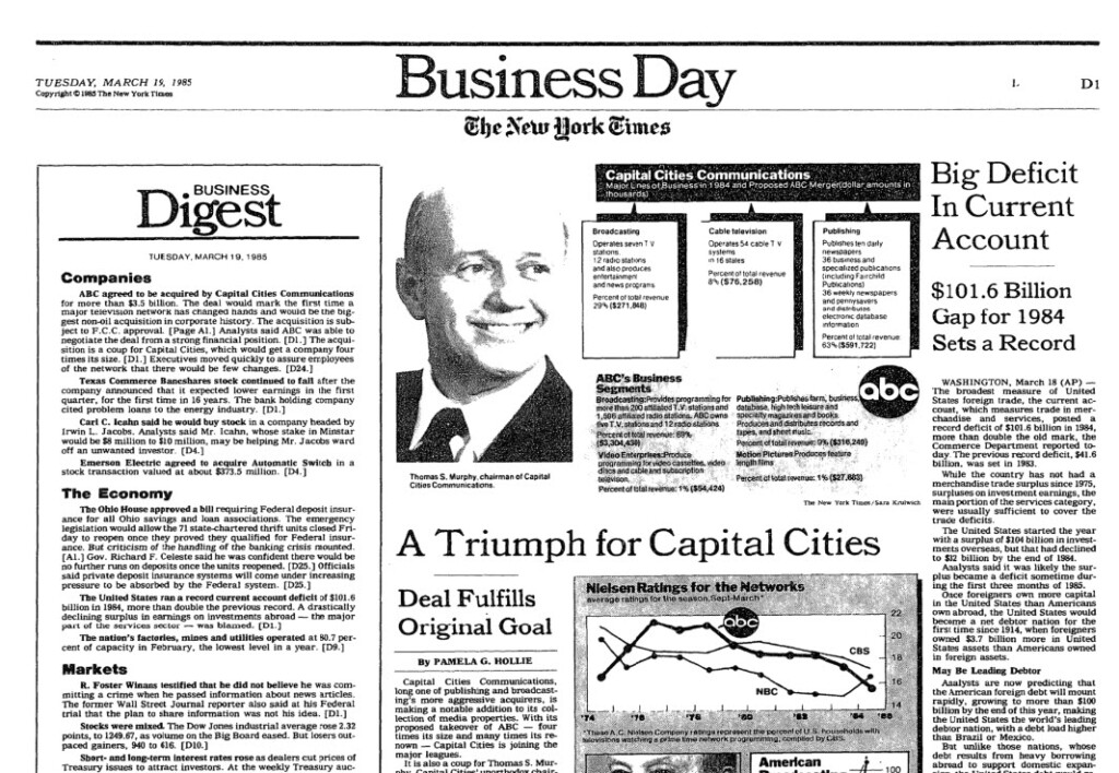 (PHOTO: The Capital Cities ABC deal as announced in The New York Times on March 19, 1985. Daniel Burke engineered the deal alongside Thomas S. Murphy, another Rye resident.)