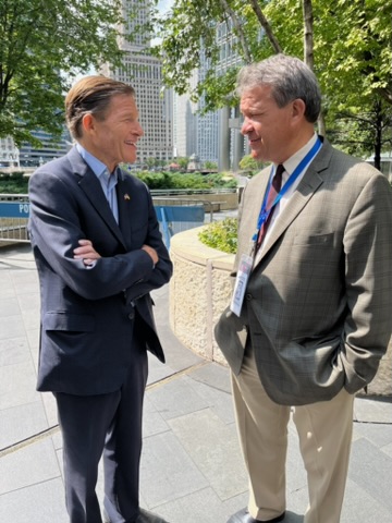 (PHOTO: Westchester County Executive and Democratic Congressional candidate for NY-16 George Latimer (right) speaking with Connecticut's US Senator Richard Blumenthal during the Democratic National Convention in Chicago the week of August 19, 2024. Contributed.)