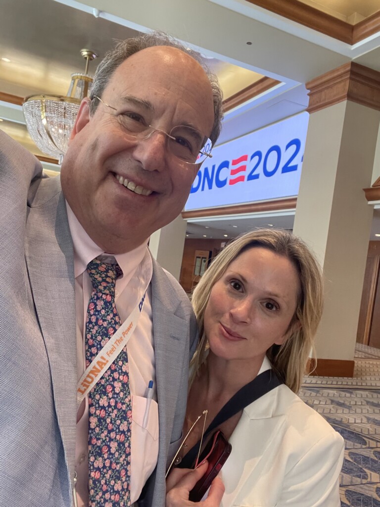 (PHOTO: Danielle Tagger-Epstein, chair of the Rye City Democratic Committee (right) with former Yonkers City Council President Chuck Lesnick at the Grand Sheraton during the Democratic National Convention in Chicago the week of August 19, 2024. Contributed.)