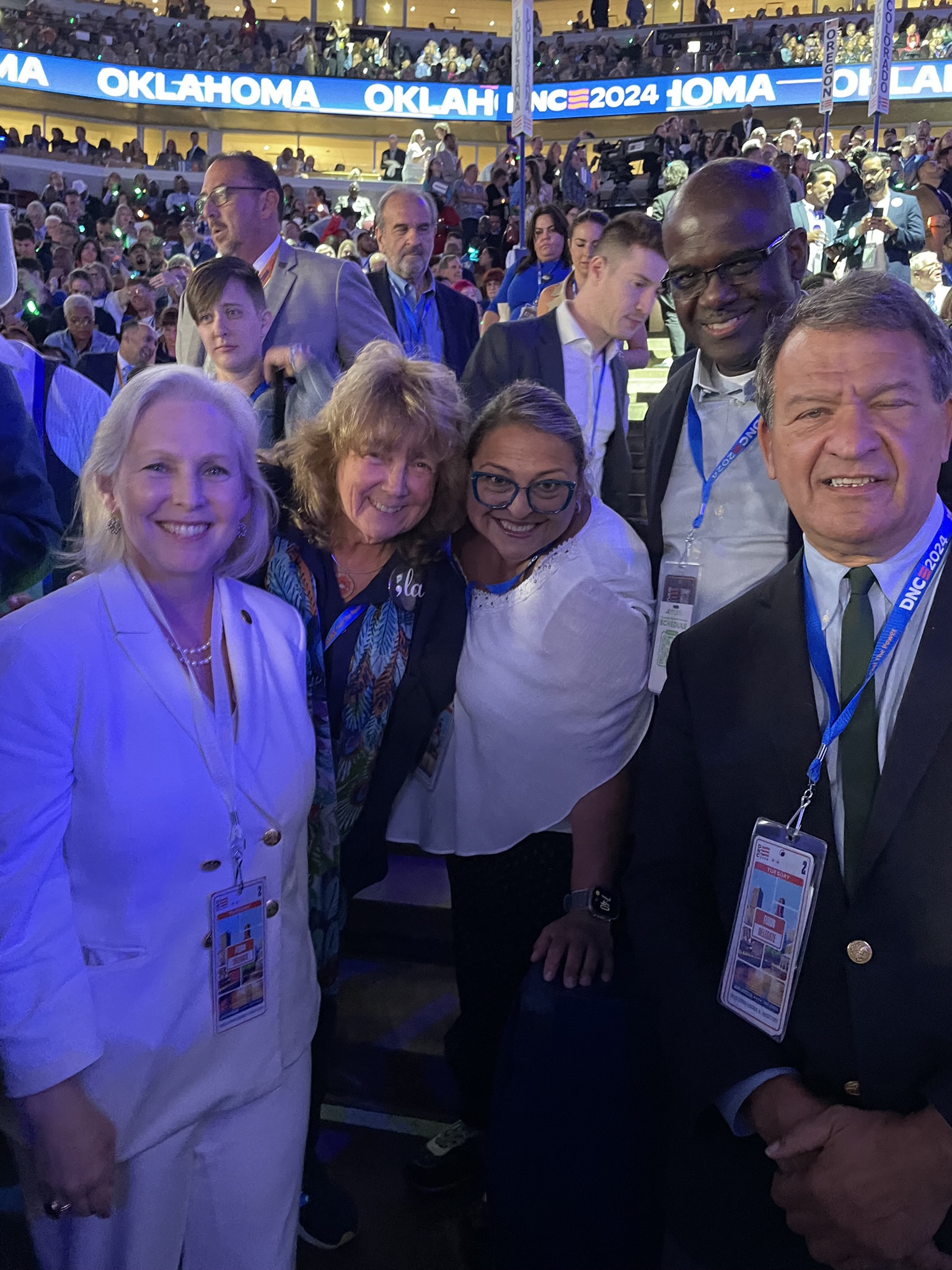 (PHOTO: Westchester County Executive and Democratic Congressional candidate for NY-16 George Latimer (right) with New York US Senator Kirsten Gillibrand, Florence McCue of New York State United Teachers (NYSUT), and Samantha Rosado-Ciriello of the Yonkers Federation of Teachers on the floor of the Democratic National Convention in Chicago the week of August 19, 2024. Contributed.)