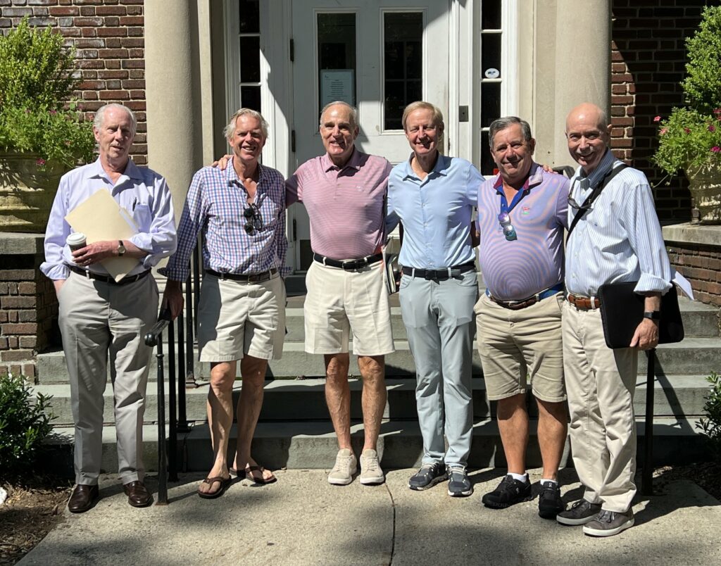 (PHOTO: Organizers of the new Rye men's association Tuesdays at 10 Bob Burns (local attorney and member of the City’s Board of Assessment Review), Bob Clyatt (artist), Campbell Gerrish, Tom Murphy, Peter Urbanczyk (executive coach) and Todd Smith (former editor-in-chief Outdoor Life, vp of the board of the Rye Nature Center).)