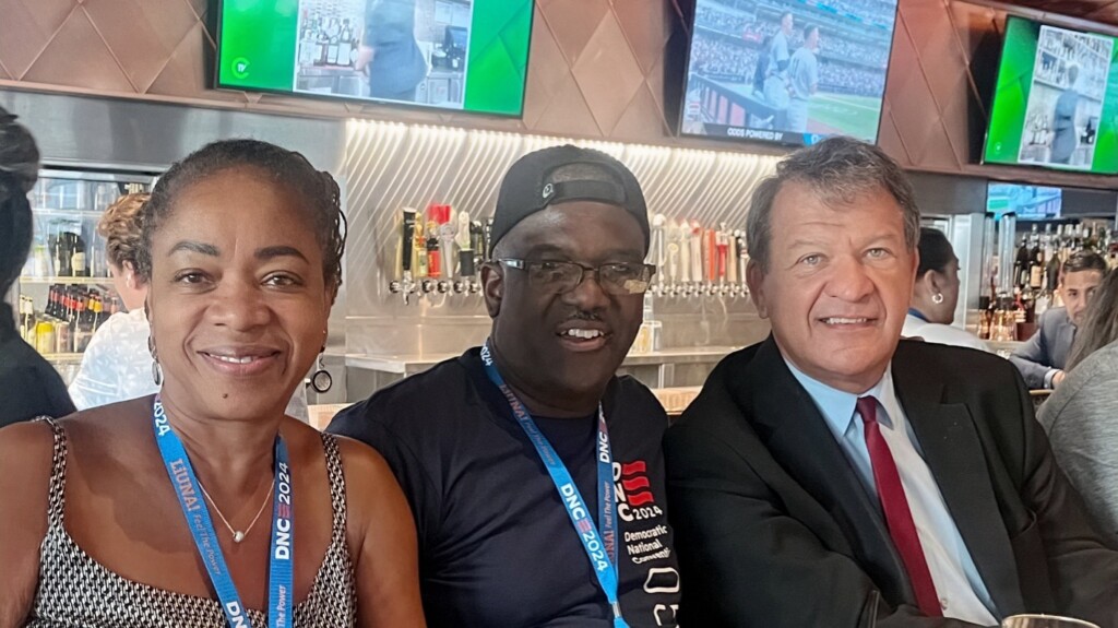 (PHOTO: Westchester County Executive and Democratic Congressional candidate for NY-16 George Latimer (far right), along with Westchester Deputy County Executive Ken Jenkins and his wife Deborah at a Westchester delegation lunch at Sweetwater Grill during the Democratic National Convention in Chicago on Thursday, August 22, 2024. Contributed.)