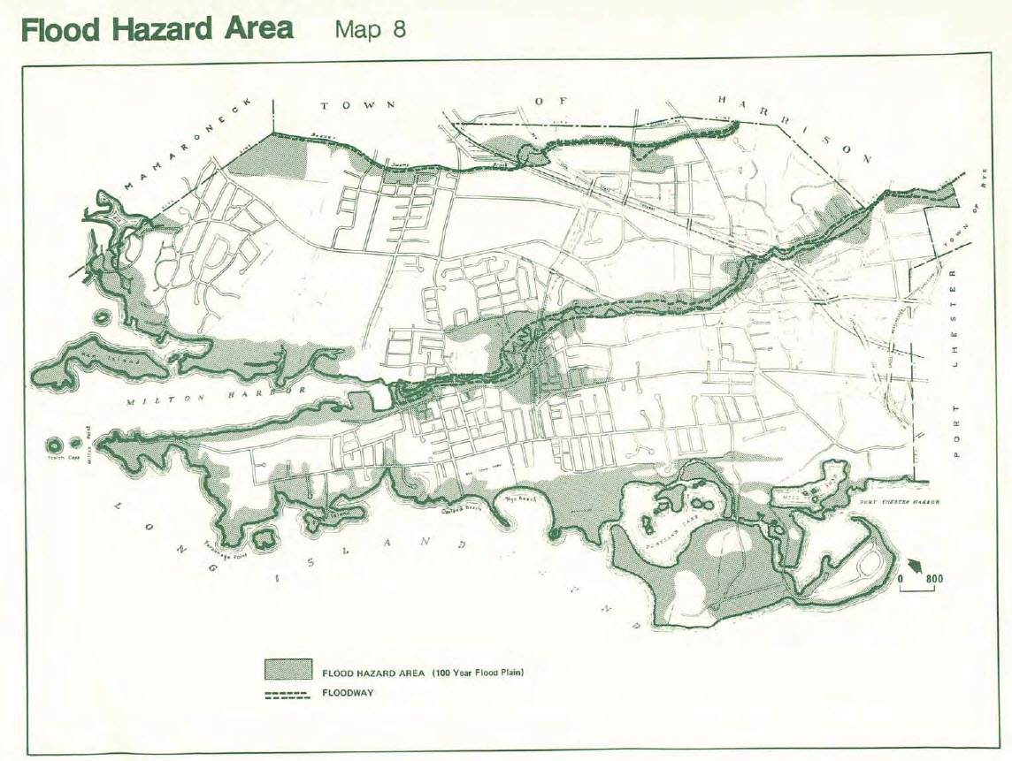 (PHOTO: A flood hazard map from the 1985 City of Rye Master Plan, the last master plan developed by the City. Item #8 at City Council on September 18, 2024, 39 years later: Report of Council sub-committee on comprehensive plan and possible Council action.)