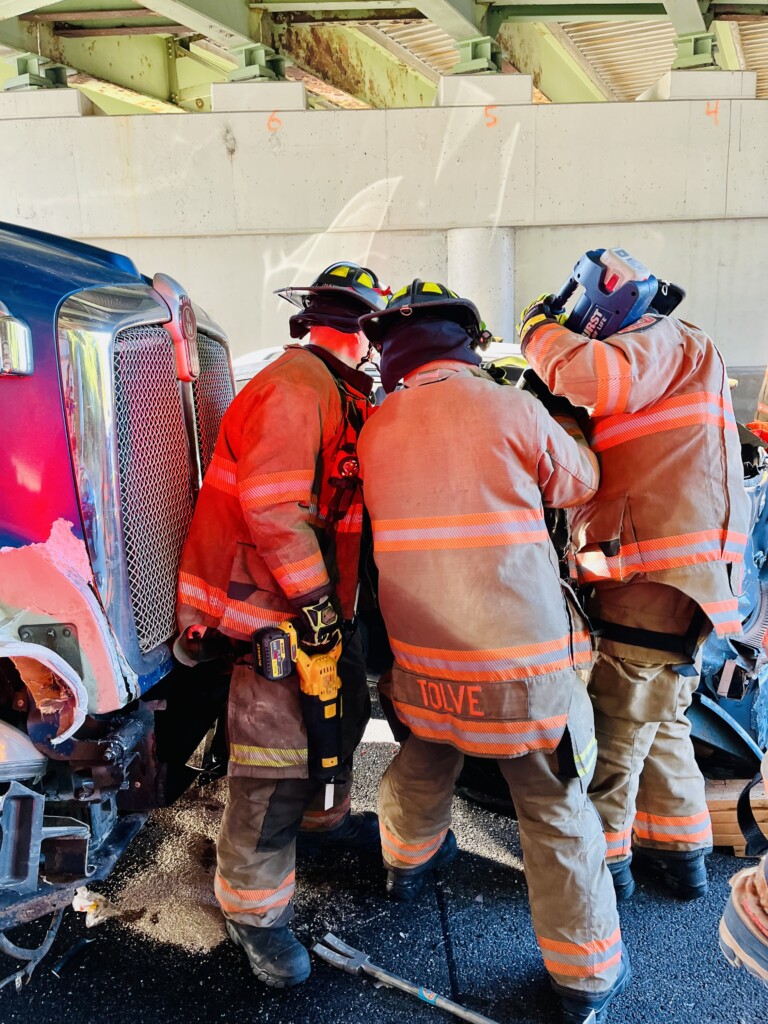 (PHOTO: Rye FD was dispatched to a multi-vehicle accident on I-95 southbound involving a tractor-trailer and multiple other vehicles on Sunday morning, September 8, 2024. Three individuals were taken to the hospital. Source: Rye FD.)