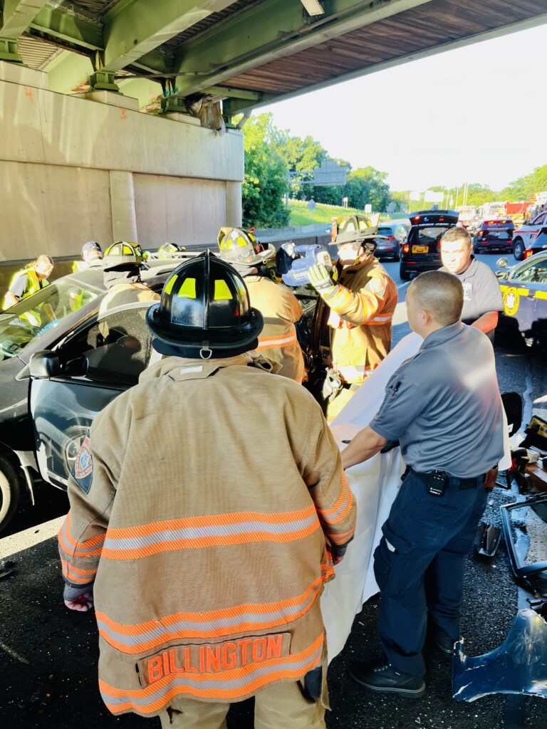 (PHOTO: Rye FD was dispatched to a multi-vehicle accident on I-95 southbound involving a tractor-trailer and multiple other vehicles on Sunday morning, September 8, 2024. Three individuals were taken to the hospital. Source: Rye FD.)