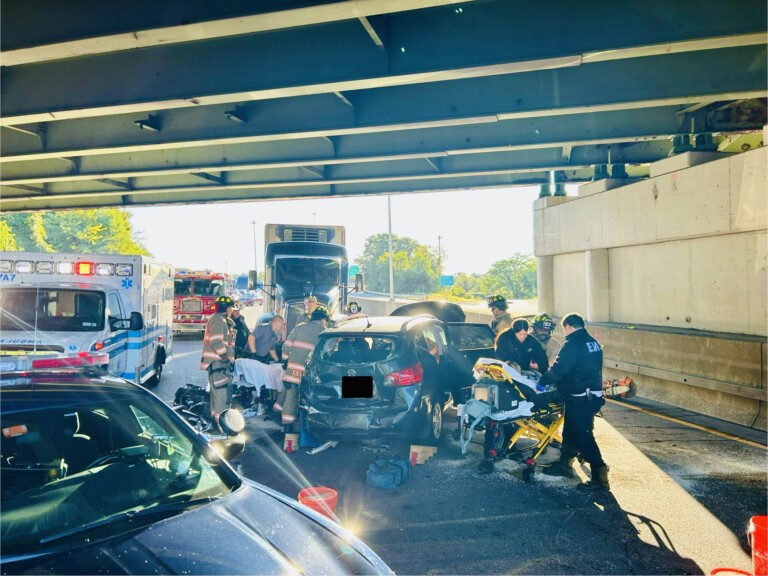 (PHOTO: Rye FD was dispatched to a multi-vehicle accident on I-95 southbound involving a tractor-trailer and multiple other vehicles on Sunday morning, September 8, 2024. Three individuals were taken to the hospital. Source: Rye FD.)