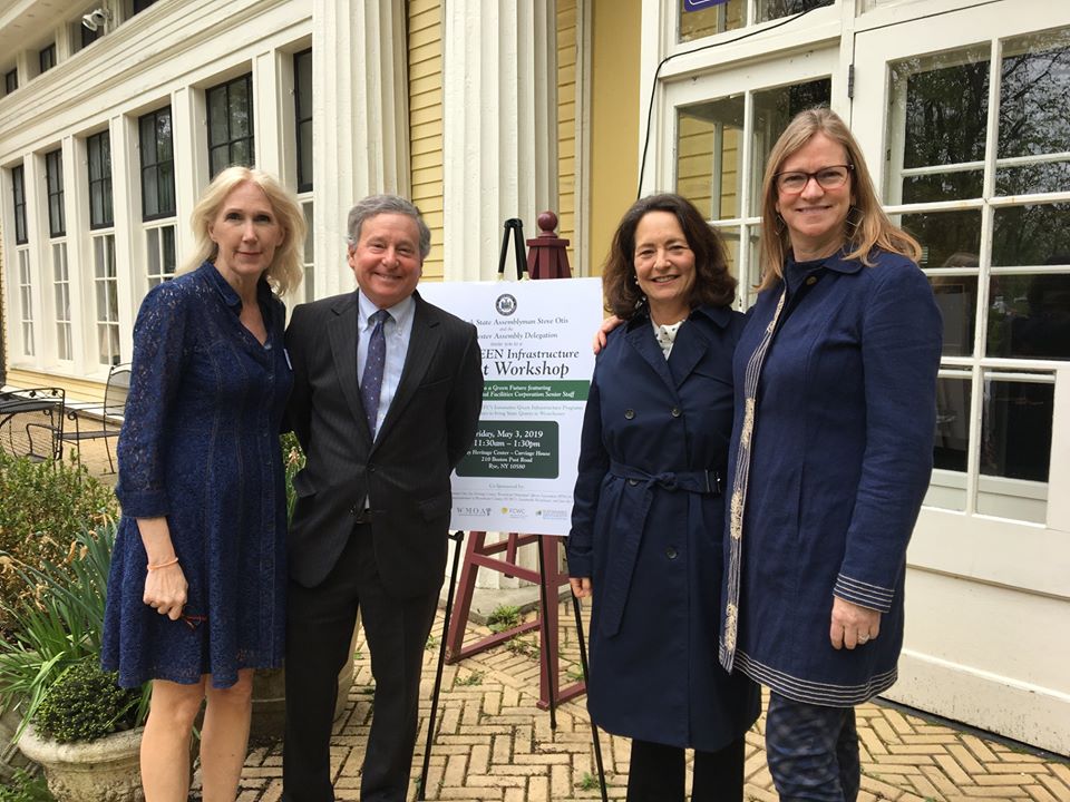 (PHOTO: Since 2015, Steve Otis has held annual NYS clean water grant workshops for Westchester municipalities. Otis is pictured at one of the yearly meetings with Suzanne Clary, president of the Jay Heritage Center; Nancy Selligson, co-chair of the Citizen’s Advisory Committee of the Long Island Sound Study; and Tracy Brown, president of Riverkeeper.)