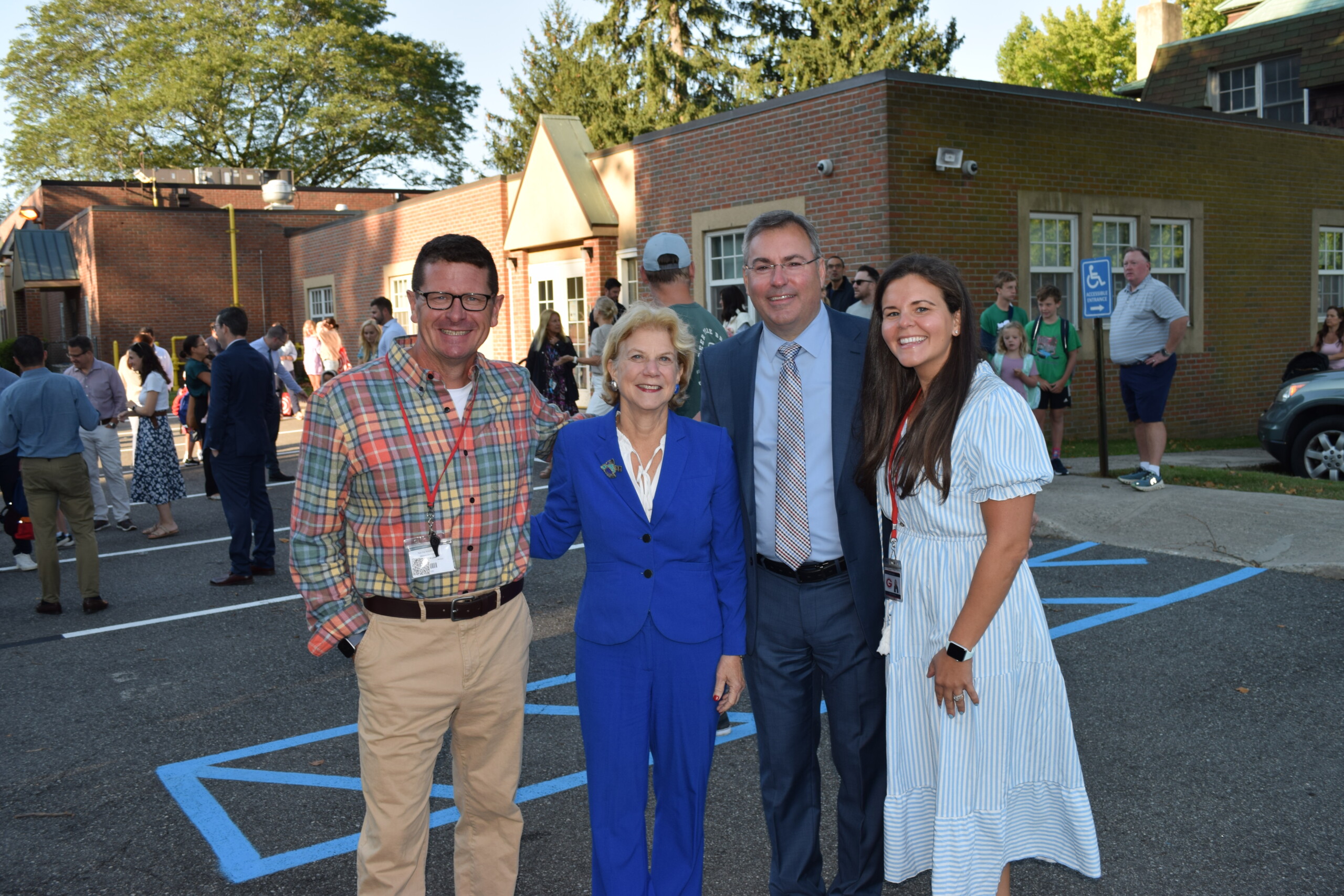 (PHOTO: The first day of school at Midland Elementary School, September 3, 2024 with to Midland School Principal Jim Boylan, State Senator Shelley Mayer, Superintendent Eric Byrne and Midland Assistant Principal Bianca McHale.)