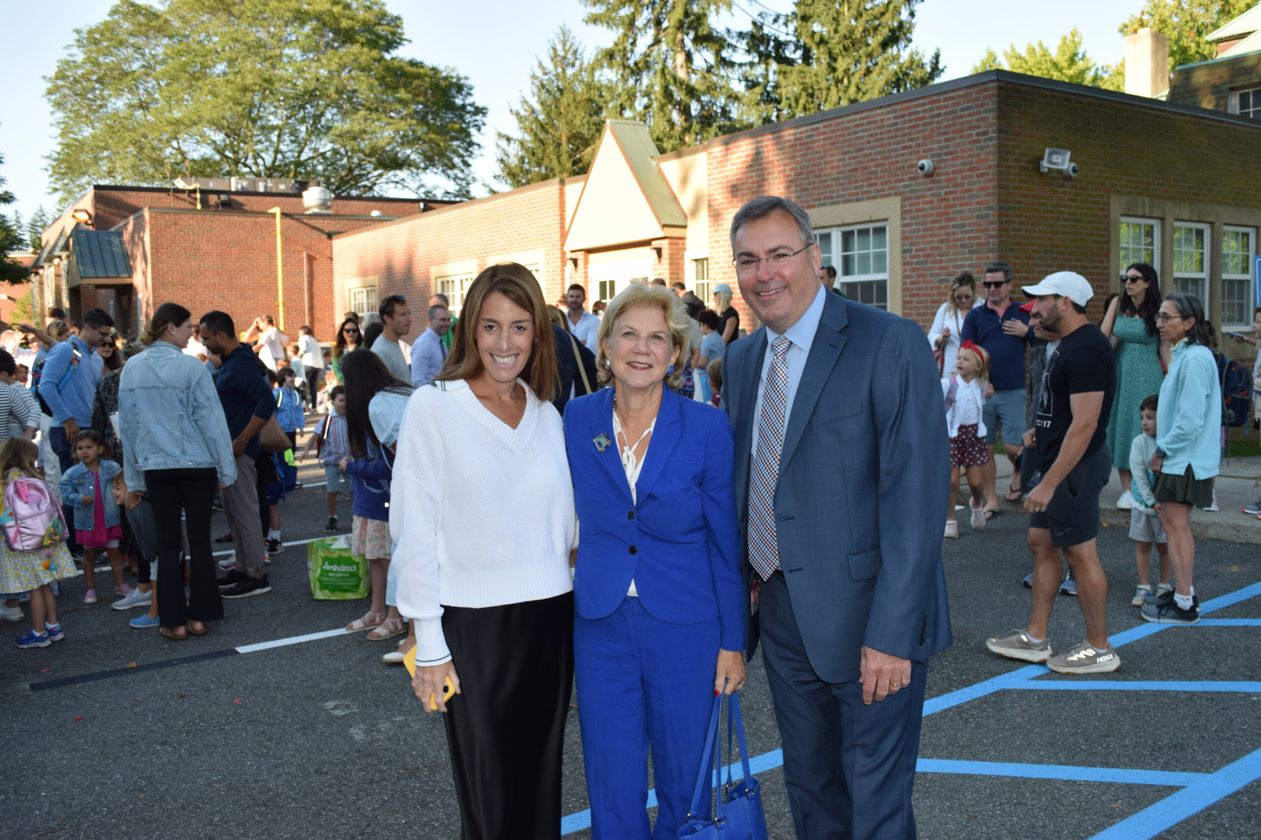 (PHOTO: The first day of school at Midland Elementary School, September 3, 2024 with Midland parent and Board of Education Trustee Valerie Lapham, State Senator Shelley Mayer and Superintendent Eric Byrne.)