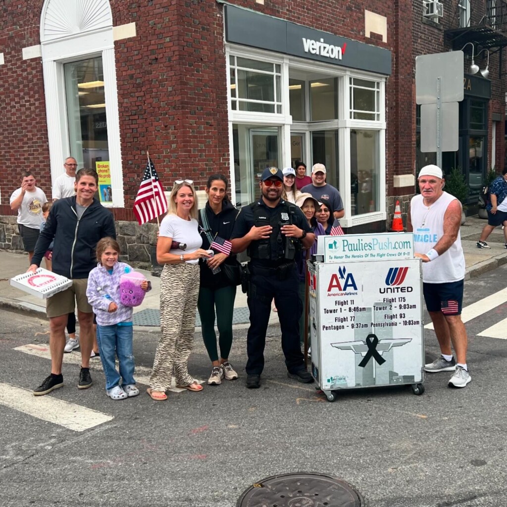 (PHOTO: Retired United Airlines flight attendant Paul “Paulie” Veneto walked through downtown Rye and the Boston Post Road today as part of "Paulie's Push" to honor those lost on 9-11. His fourth "push" Vento is walking from Boston to Ground Zero. Contributed: Rye PD.)