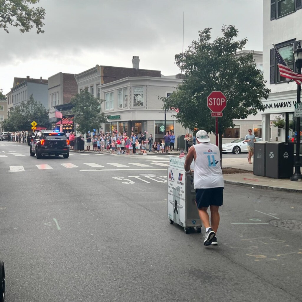 (PHOTO: Retired United Airlines flight attendant Paul “Paulie” Veneto walked through downtown Rye and the Boston Post Road today as part of "Paulie's Push" to honor those lost on 9-11. His fourth "push" Vento is walking from Boston to Ground Zero. Contributed: Rye PD.)