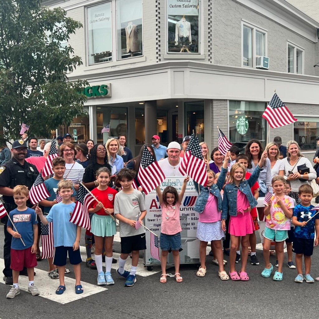 (PHOTO: Retired United Airlines flight attendant Paul “Paulie” Veneto walked through downtown Rye and the Boston Post Road today as part of "Paulie's Push" to honor those lost on 9-11. His fourth "push" Vento is walking from Boston to Ground Zero. Contributed: Rye PD.)