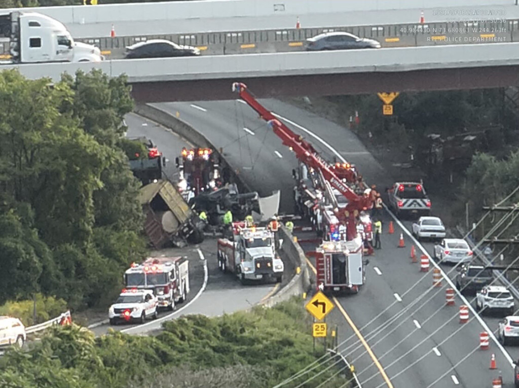 (PHOTO: Early Thursday, September 12, 2024, a tractor trailer veered off I-287 Eastbound and down an embankment. Multiple agencies responded including NYS Troopers, Rye FD, Port Chester-Rye-Rye Brook EMS and a White Plains rescue team. The truck driver was extricated after almost an hour of emergency crew work, and was taken to the hospital with a head laceration and for further medical evaluation.)