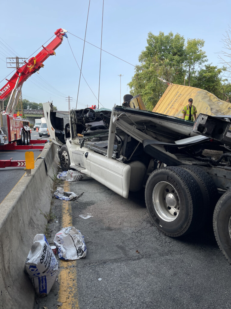 (PHOTO: Early Thursday, September 12, 2024, a tractor trailer veered off I-287 Eastbound and down an embankment. Multiple agencies responded including NYS Troopers, Rye FD, Port Chester-Rye-Rye Brook EMS and a White Plains rescue team. The truck driver was extricated after almost an hour of emergency crew work, and was taken to the hospital with a head laceration and for further medical evaluation.)