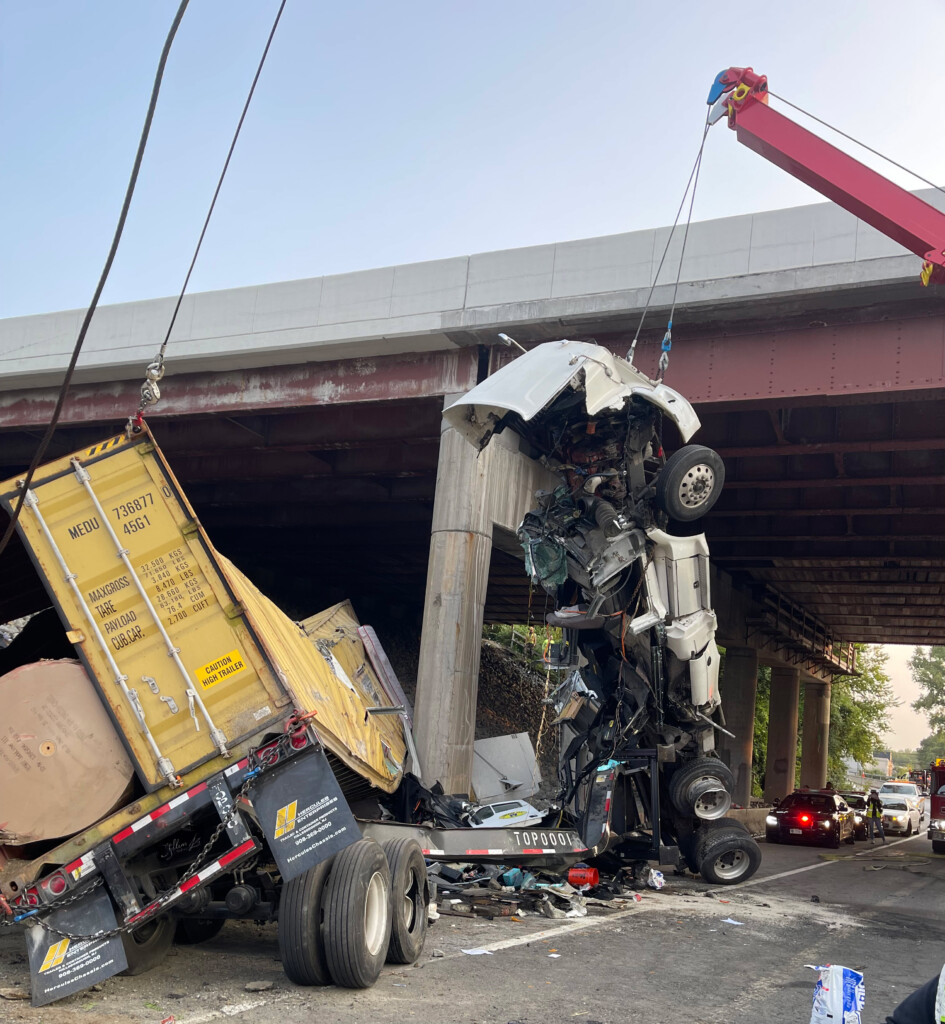 (PHOTO: Early Thursday, September 12, 2024, a tractor trailer veered off I-287 Eastbound and down an embankment. Multiple agencies responded including NYS Troopers, Rye FD, Port Chester-Rye-Rye Brook EMS and a White Plains rescue team. The truck driver was extricated after almost an hour of emergency crew work, and was taken to the hospital with a head laceration and for further medical evaluation.)