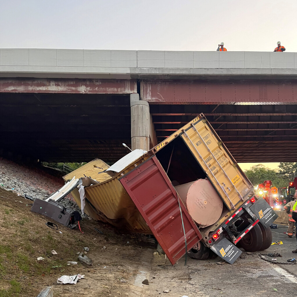 (PHOTO: Early Thursday, September 12, 2024, a tractor trailer veered off I-287 Eastbound and down an embankment. Multiple agencies responded including NYS Troopers, Rye FD, Port Chester-Rye-Rye Brook EMS and a White Plains rescue team. The truck driver was extricated after almost an hour of emergency crew work, and was taken to the hospital with a head laceration and for further medical evaluation.)