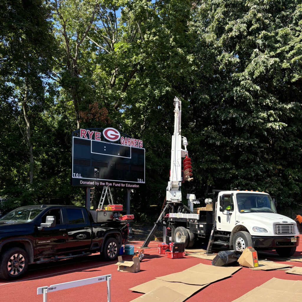 (PHOTO: The new $49,011 scoreboard being installed in Nugent Stadium on Thursday, September 5, 2024.)