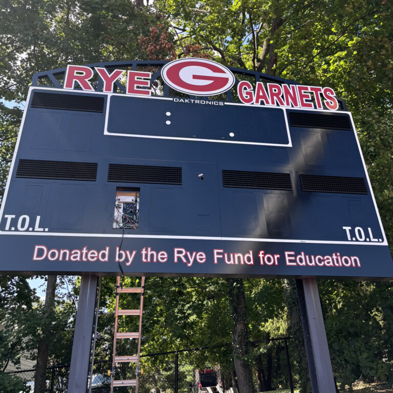 (PHOTO: The new $49,011 scoreboard being installed in Nugent Stadium on Thursday, September 5, 2024.)