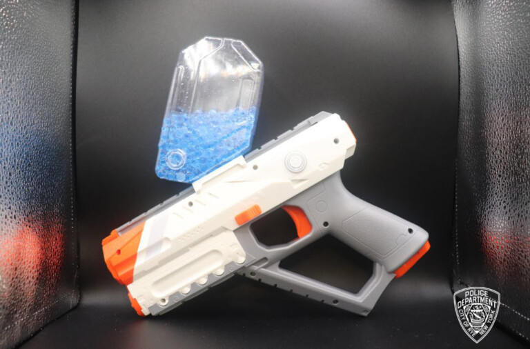 (PHOTO: Rye PD has arrested three Rye teens on charges of Reckless Endangerment on Friday, September 6, 2024. According to police, the three 16 year olds were shooting pedestrians with a "high capacity, high velocity, water bead blaster". This is one of the guns - a "Skyrocket Faction Spectre Gel Bead Blaster".)