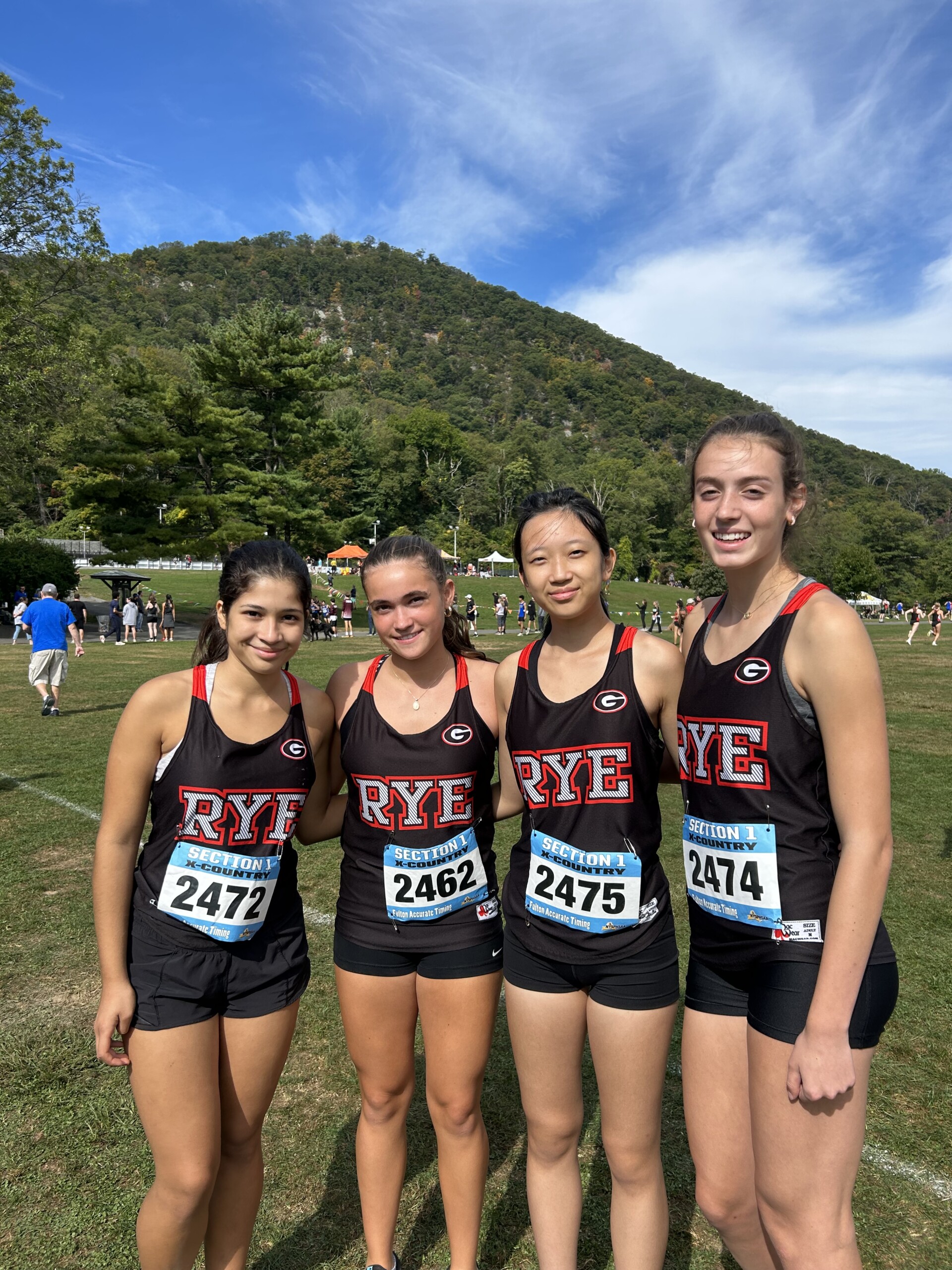 (PHOTO: L to R: Ambar Quinonez, Sophia Ambrosini, Grace Wang, Kate Schatz all raced the 3-mile run at Bear Mountain over the past weekend.)