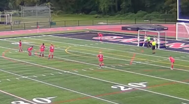 (PHOTO: Rye Field Hockey defends a corner against Somers on Friday evening.)