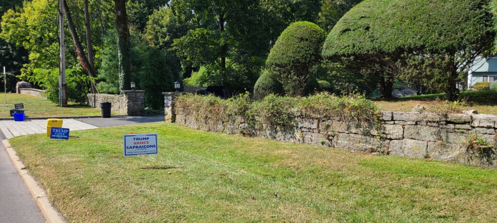 (PHOTO: Rye’s local ordinance (165-6 Prohibited signs in all districts) bans the posting of signs within the public right of way. Contributed.)