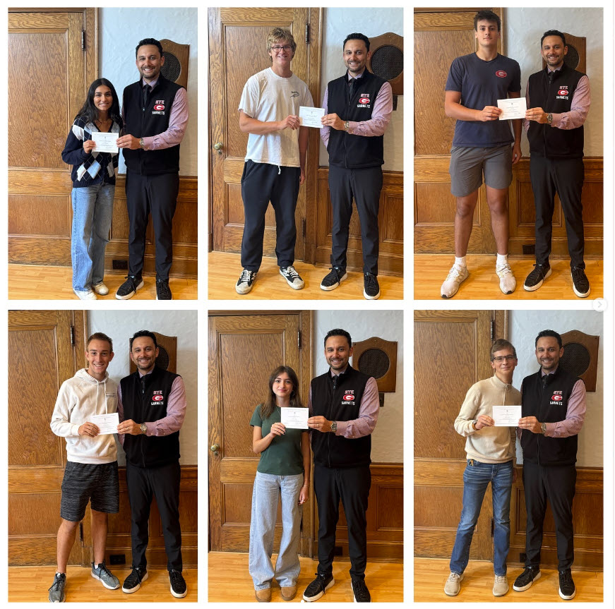 (PHOTO: Six Rye High School students have been named Commended Students in the 2025 National Merit Scholarship Program. Here each of the six appear with RHS Principal Andrew Hara. Source: Rye Schools / social.)