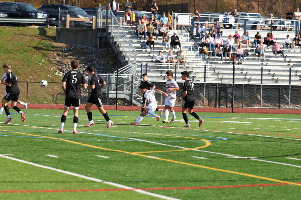 (PHOTO: Rye Boys Varsity Soccer on Thursday, October 31, 2024 facing Byram Hills. Shun Nagata delivers a goal. Credit: Alvar Lee.)