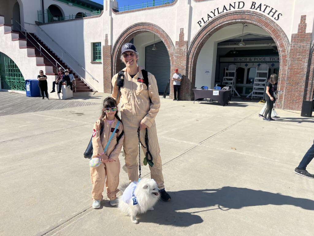 (PHOTO: Playland’s Howl-O-Ween Pet Parade was on Sunday, October 20, 2024. The third place costume winner was Marshmallow the dog from Port Chester, shown here with the Ghostbusters handlers. Contributed.)