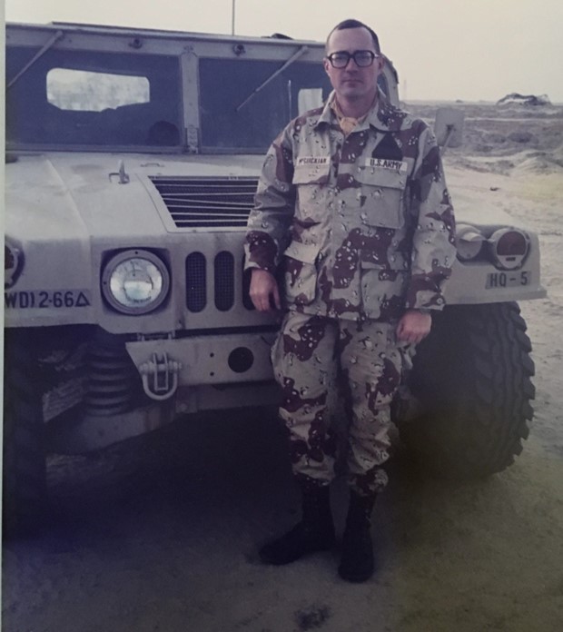 (PHOTO: US Army veteran and Milton Road resident Dennis M. McGuckian in desert camo after Desert Storm in Saudi Arabia 1991. He was Executive Officer (Major) with 2-66 Armor in the 2nd Armored Division.)