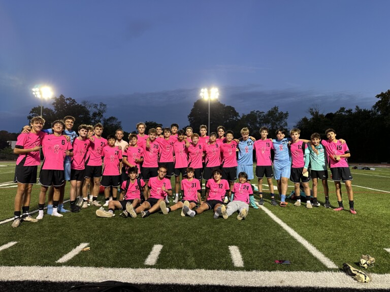 (PHOTO: The Boys Varsity Soccer team will wear pink jerseys throughout October, as tradition, in honor of Breast Cancer Awareness.)