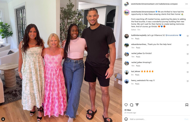 (PHOTO: New York Knick Josh Hart (far right), his wife Shannon Phillips (second from right) with Kim Arenas (second from left) and her daughter Isabel Arenas of Compass real estate in a social media post from Tuesday, October 29, 2024.)