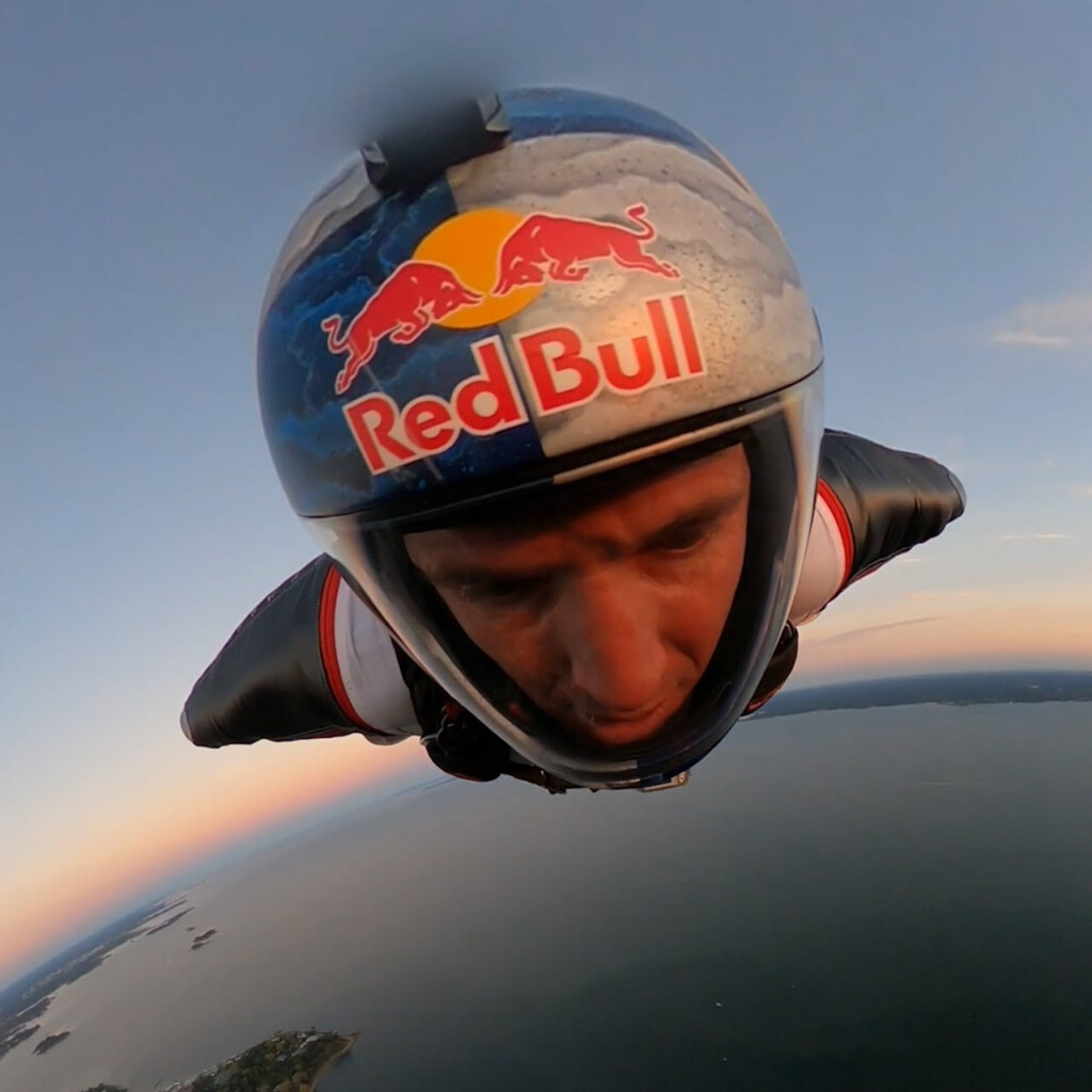 (PHOTO: Jeff Provenzano – 1994 Rye High School grad, professional stuntman and member of the Red Bull Air Force – skydived onto Rye Playland Beach on Saturday, October 12th at 6:00pm. Here is Provenzano high above Playland Beach.)