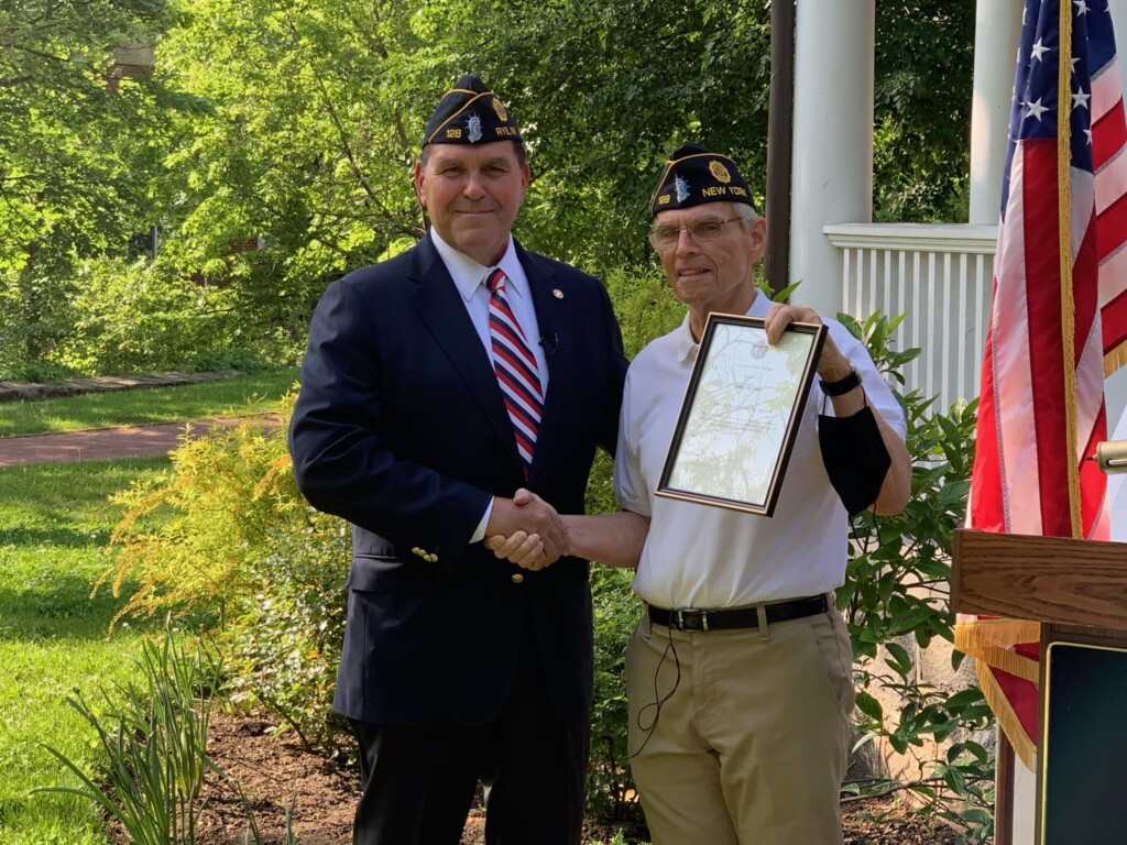 (PHOTO: US Marine Corps veteran and Park Avenue resident Terry McCartney receiving the American Legion Americanism Award from Post Commander Fred De Barros in 2021.)