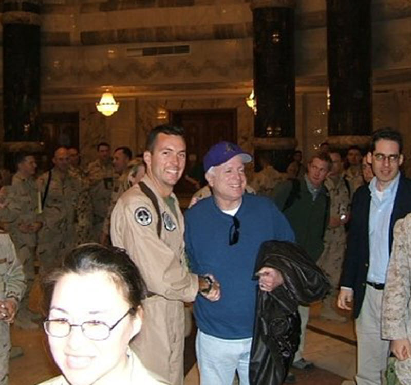 (PHOTO: US Marine Corps veteran and Bradford Avenue resident Tony Bancroft at Al Faw Palace, Baghdad, Iraq, 2005, meeting Senator John McCain.)