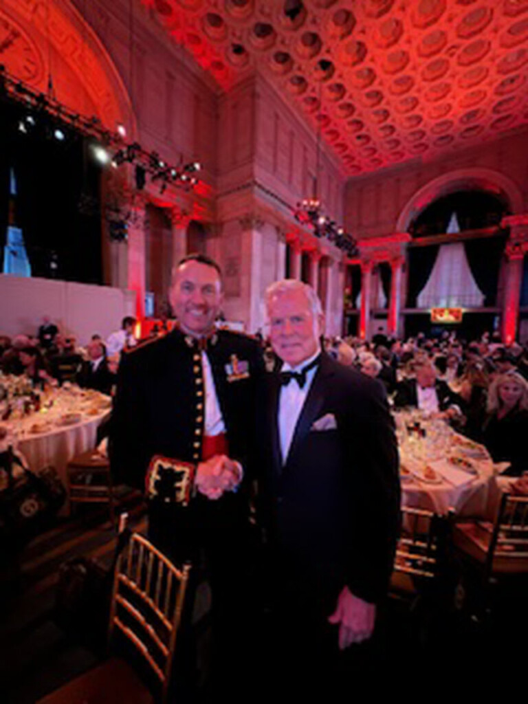 (PHOTO: US Marine Corps veteran and Bradford Avenue resident Tony Bancroft meeting Commandant of the Marine Corps General “Tamer” Amos at the Marine Corps Law Enforcement Foundation Gala 2023 at Cipriani Wall Street.)