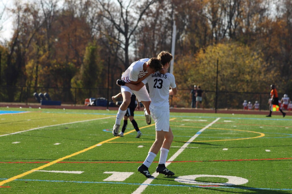 (PHOTO: Alex van der Voort and Lex Cox of Rye Boys Varsity Soccer on Thursday, October 31, 2024 facing Byram Hills. Credit: Alvar Lee.)