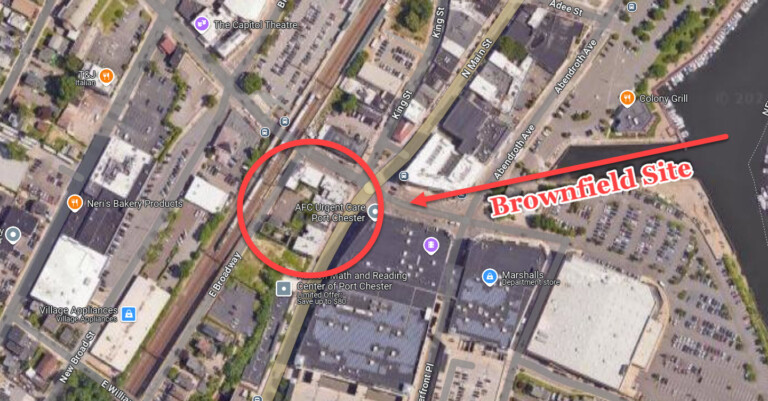 (PHOTO: The brownfield site is at the very center of downtown Port Chester at 2, 14, and 16 South Main Street, 15 East Broadway, and 106 Westchester Avenue.)