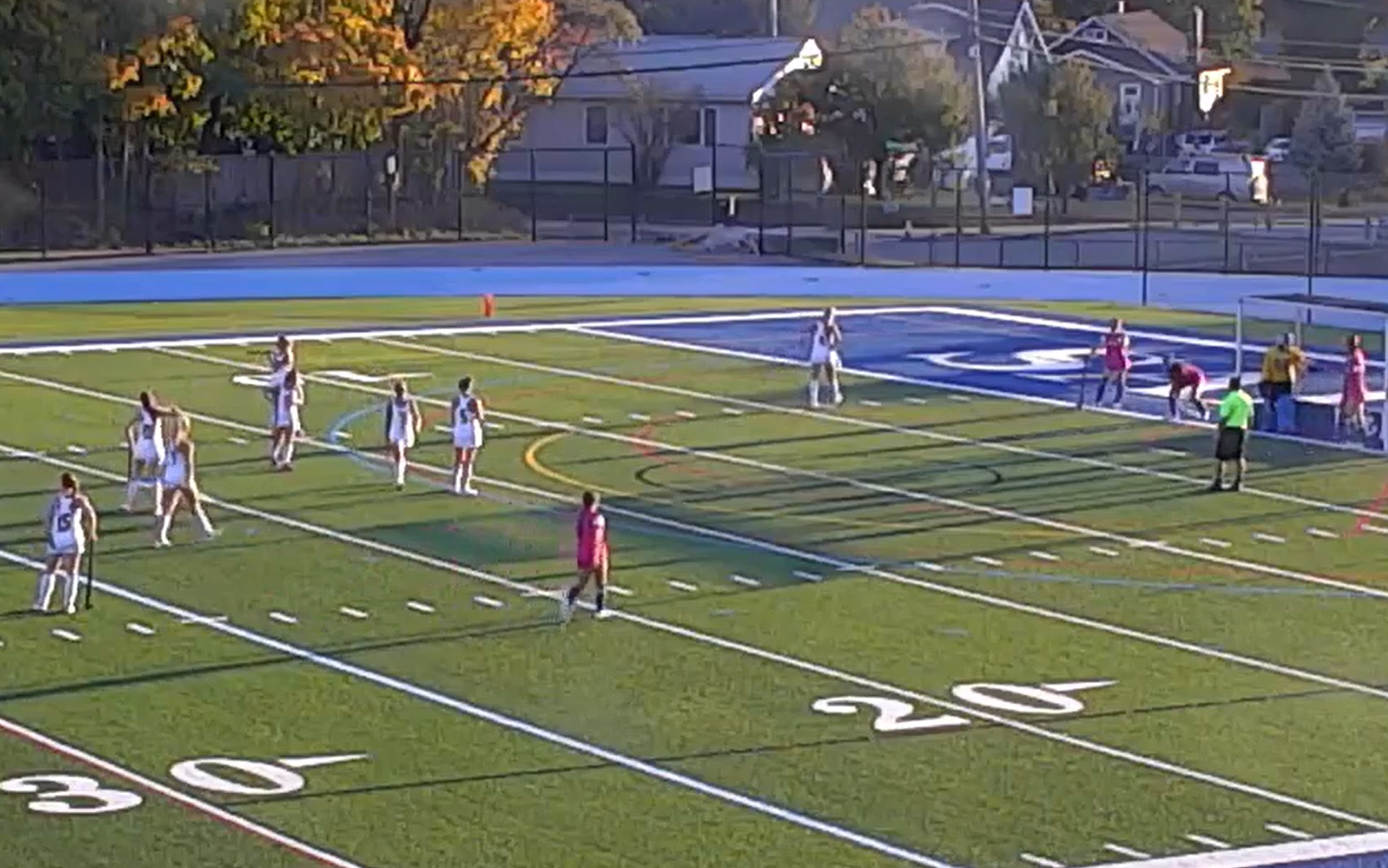 (PHOTO: Rye (white) and Henry Hudson (pink) line up for a Garnets set piece in the first quarter of their game on Monday, October 21.)