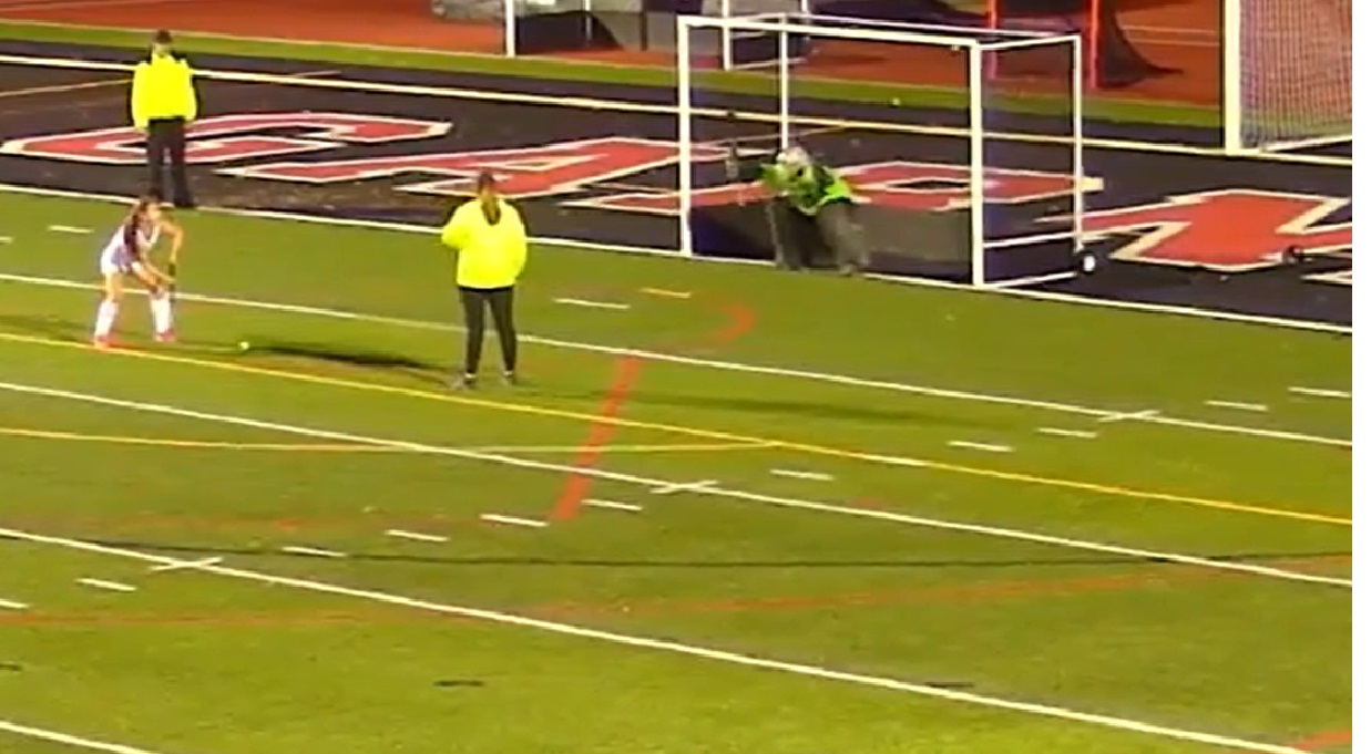 (PHOTO: Rye Field Hockey's Kate Morreale prepares for a penalty stroke against Yorktown in the teams' quarterfinal match. Morreale scored to help Rye to a 2-0 win.)