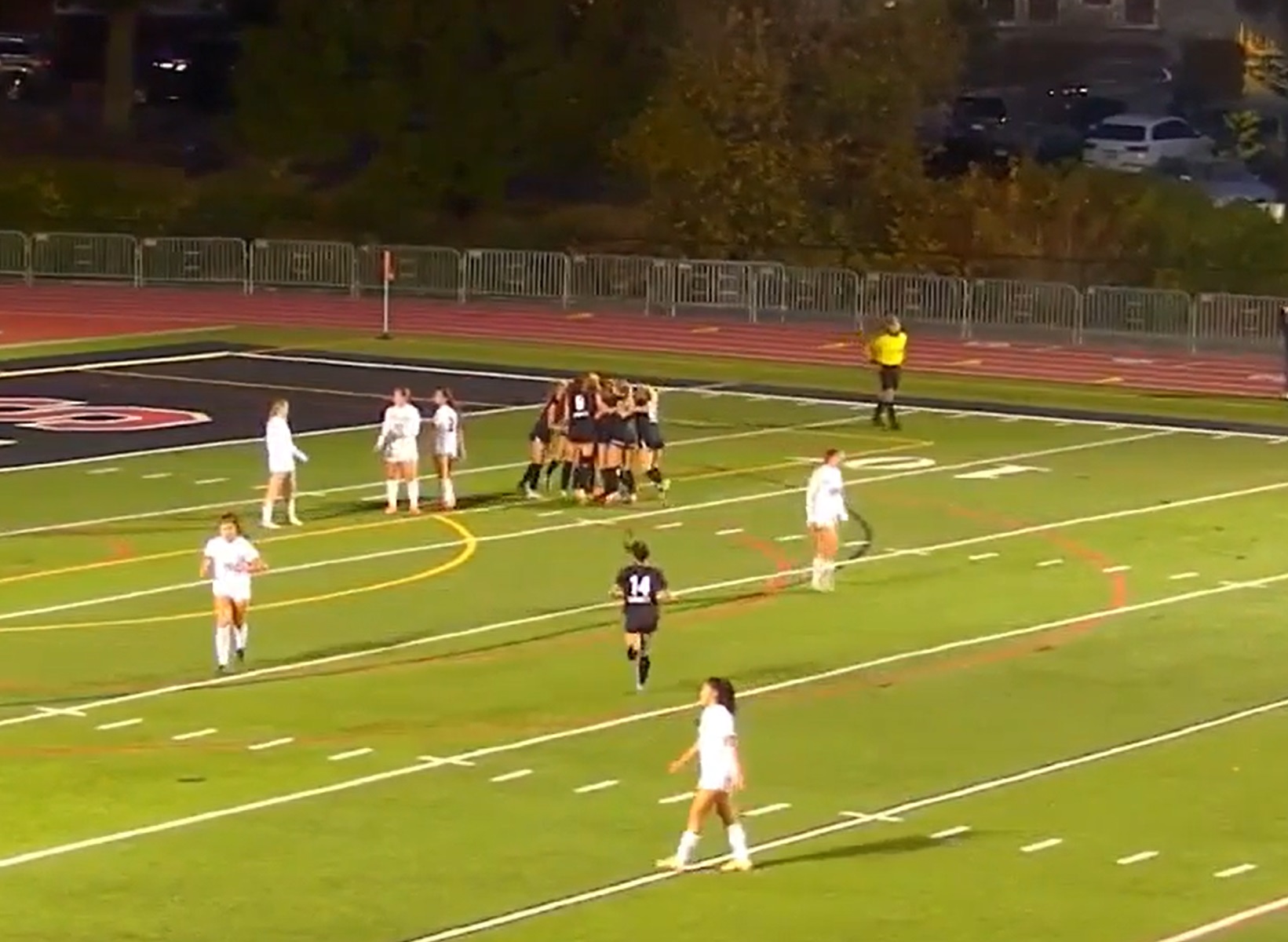 (PHOTO: Rye Girls Varsity Soccer players surround Ryann O'Donnell after her goal against West Lake. It would go on to be the game-winner in a 4-1 victory.)