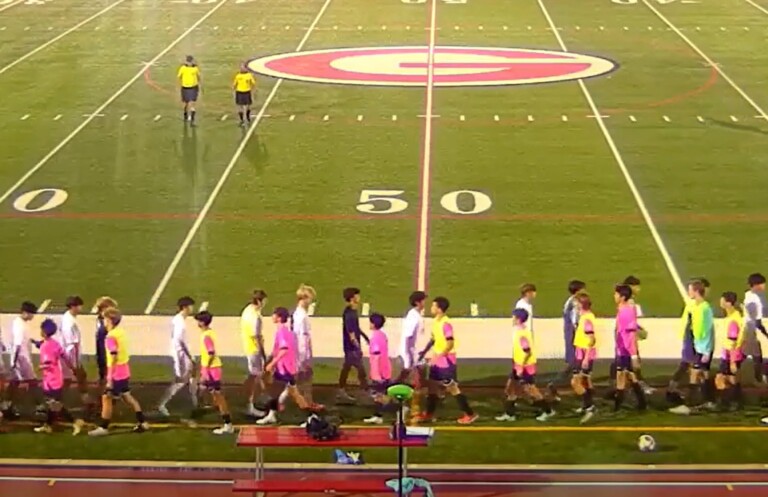 (PHOTO: Rye Boys Soccer shakes hands with Eastchester after defeating them 2-0 on Monday evening.)