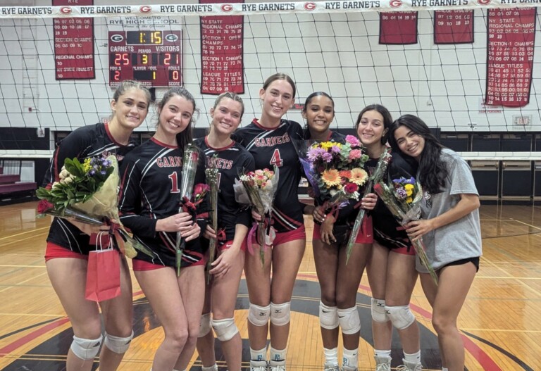 (PHOTO: The Rye Varsity Volleyball seniors, L to R: Ashley Dehmer, Josie Rigert, Erin Ball, MacKenzie Kressler, Anna Nolasco, Sabrina Pereira, and Ava Fleckten.)