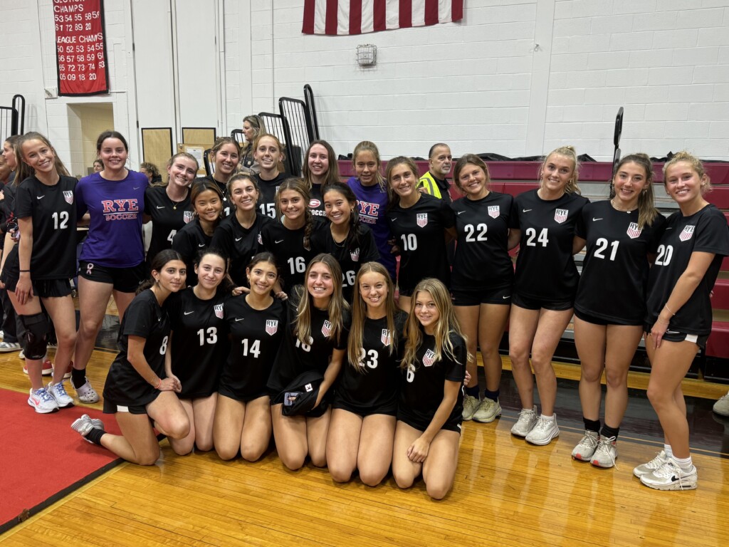 (PHOTO: The Girls Varsity Soccer Team at the annual pre-Rye - Harrison Varsity football game pep rally and bonfire on Thursday, October 24, 2024.)