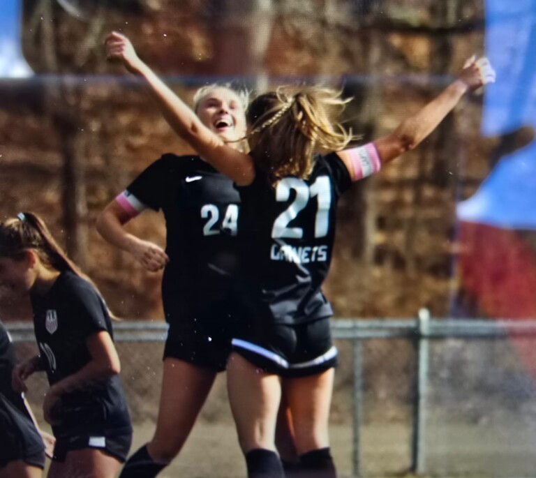 (PHOTO: Rye's #21 and #24 celebate together during the Garnets' 4-0 win vs New Paltz.)